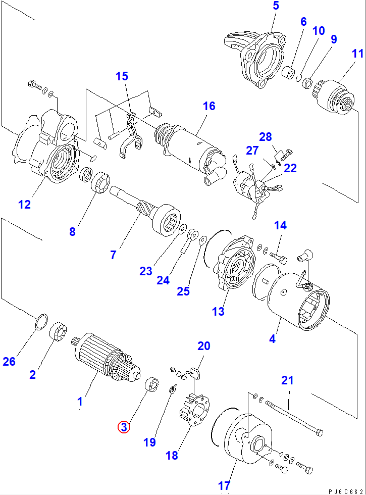 Diagram KD1-0454-62007 BEARING,BALL,REAR - Komatsu