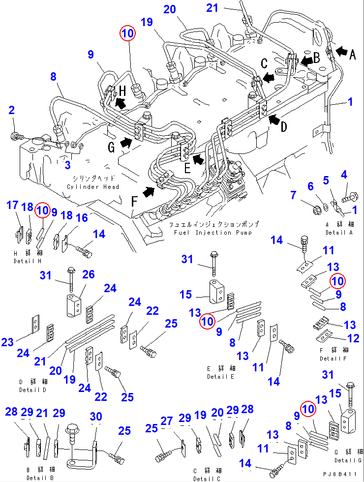 Diagram 6738-71-5130 TUBE,NO.3 - Komatsu
